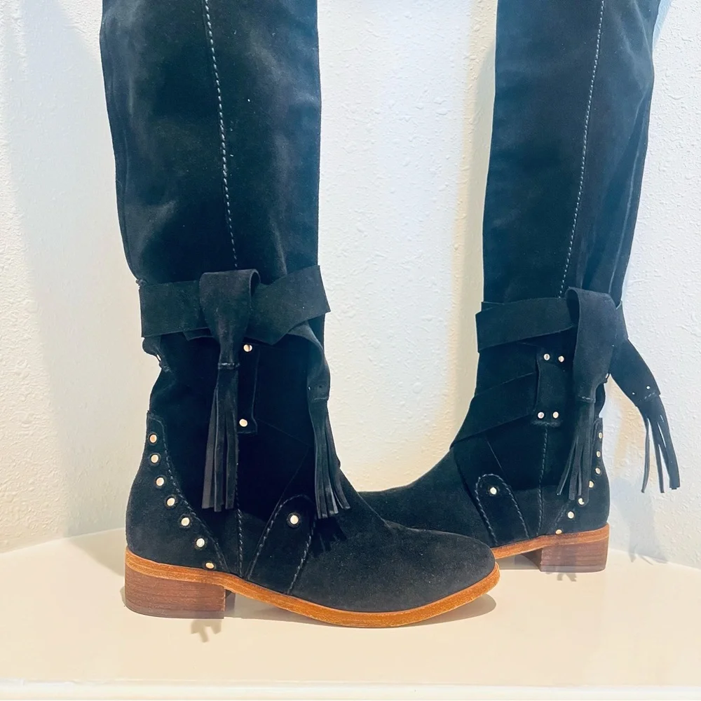 See By Chloe Dasha Suede Black Over the Knee Block Heel Boots Size 5 NEW